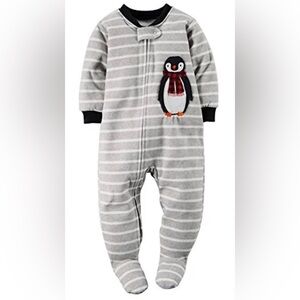 Carter's Gray Striped Footed Onesie fleeced pajama with Penguin